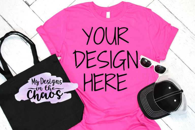 Pink T-Shirt Blank Mock Up With White Sunglasses - My Designs In the Chaos